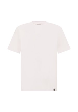 T-shirt bianco a maniche corte realizzato in tessuto morbido, con scollatura a girocollo e un piccolo logo etichetta in fondo. Texture liscia, design semplice.