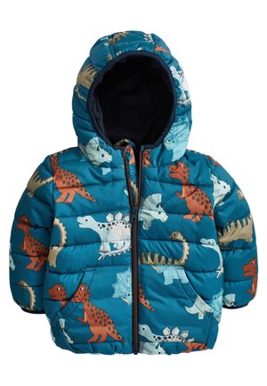 Veste matelassée pour enfants couleur sarcelle avec capuche, fermeture éclair à l'avant et motif dinosaure coloré comprenant T-Rex et tricératops.