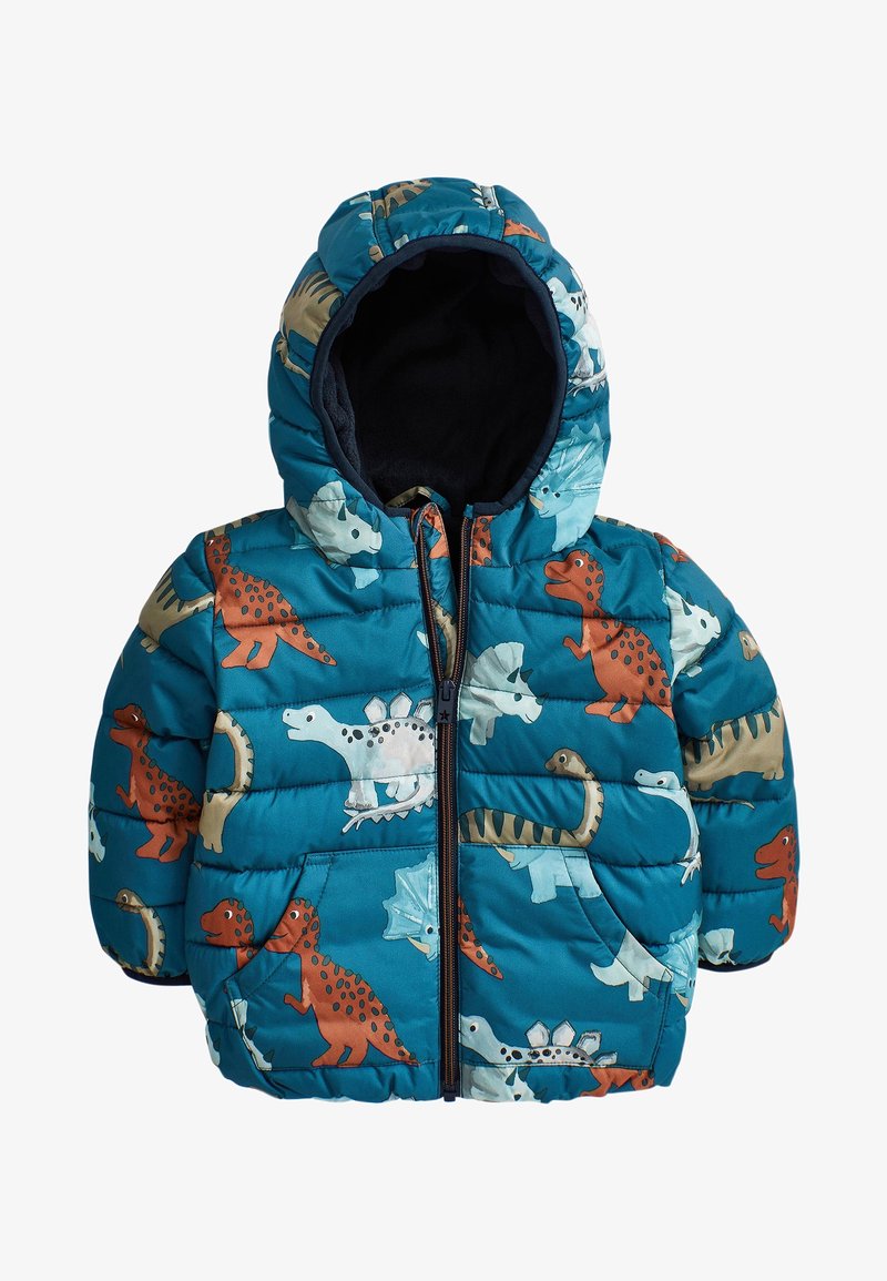 Veste matelassée pour enfants couleur sarcelle avec capuche, fermeture éclair à l'avant et motif dinosaure coloré comprenant T-Rex et tricératops.
