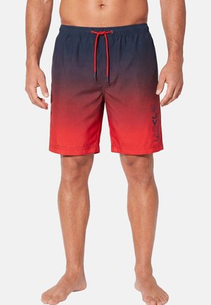 Male torso and legs wearing navy to red gradient swim shorts with red drawstring and small black text on the right leg.