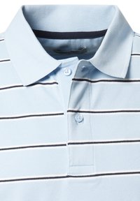 Lichtblauw poloshirt van een textuurstof, met horizontale strepen in marineblauw en wit. Klassieke kraag en twee knoopsluiting.