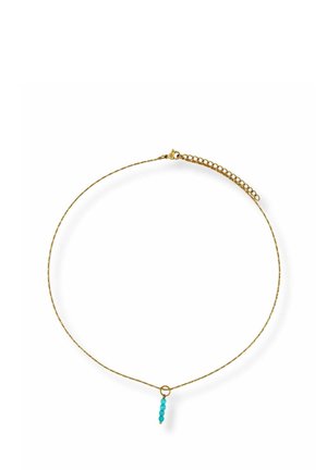 Delicate gold chain necklace with small gold clasp and a pendant of five small round turquoise beads hanging in a vertical line.