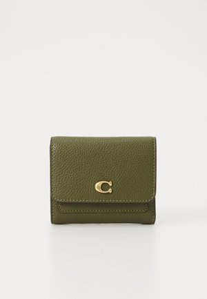 Green leather wallet with a textured finish, gold hardware accent, and a flap closure. Features contrasting stitching and compact design.