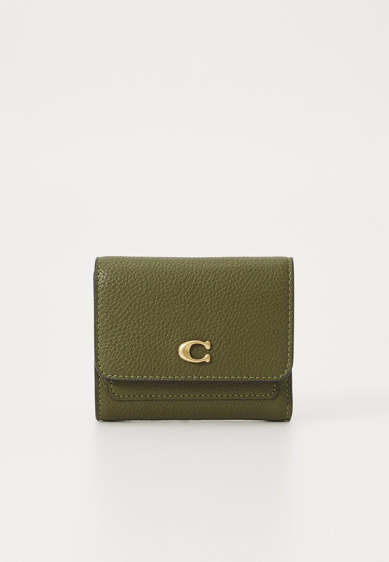Green leather wallet with a textured finish, gold hardware accent, and a flap closure. Features contrasting stitching and compact design.