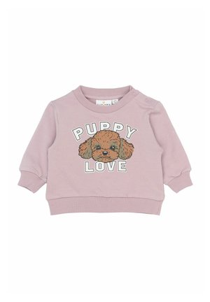 Różowa bluza z długimi rękawami, ściągaczami i okrągłym dekoltem. Graficzny nadruk psa ze sloganem "KOLEJNY KOT" poniżej.