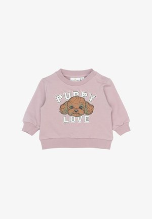 Roza kapuca z dolgimi rokavi, rebrastimi manžetami in okroglo ovratnikom. Sredinska grafika kužka z besedilom "PUPPY LOVE" spodaj.