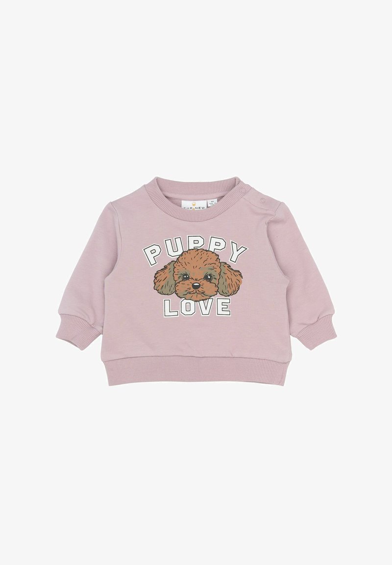 Hanorac roz cu mâneci lungi, cu manșete ribatelor și un decolteu rotund. Grafică centrală cu un cățeluș și textul "PUPPY LOVE" dedesubt.