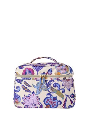 Trousse de toilette rectangulaire à motif floral, fermeture éclair, poignée supérieure et logo « oilily » à l'avant, avec des fleurs violettes et bleues.