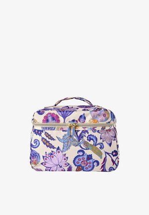 Trousse de toilette rectangulaire à motif floral, fermeture éclair, poignée supérieure et logo « oilily » à l'avant, avec des fleurs violettes et bleues.