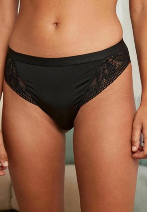 Zwarte onderbroek van gladde stof, met een kanten rand met bloemenpatroon aan de zijkanten en een klassieke bikini-ontwerp.