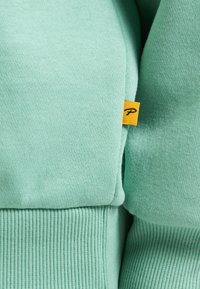 Sweat-shirt vert clair avec un ourlet et des poignets côtelés, fabriqué en tissu doux. Une petite étiquette jaune avec des lettres noires est cousue.