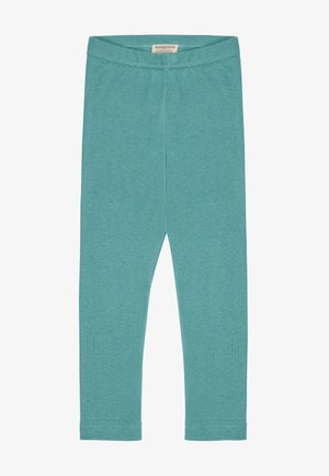 Teal Leggings aus weichem, dehnbarem Stoff mit glatter Textur. Sie verfügen über ein einfaches, körpernahes Design und einen bequemen Bund. Keine sichtbaren Muster.