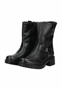 Schwarze Lederstiefeletten mit seitlichem Reißverschluss, breiten Riemen, silbernen Hardware-Akzenten, runder Zehenpartie und strukturiertem Gummisohle.