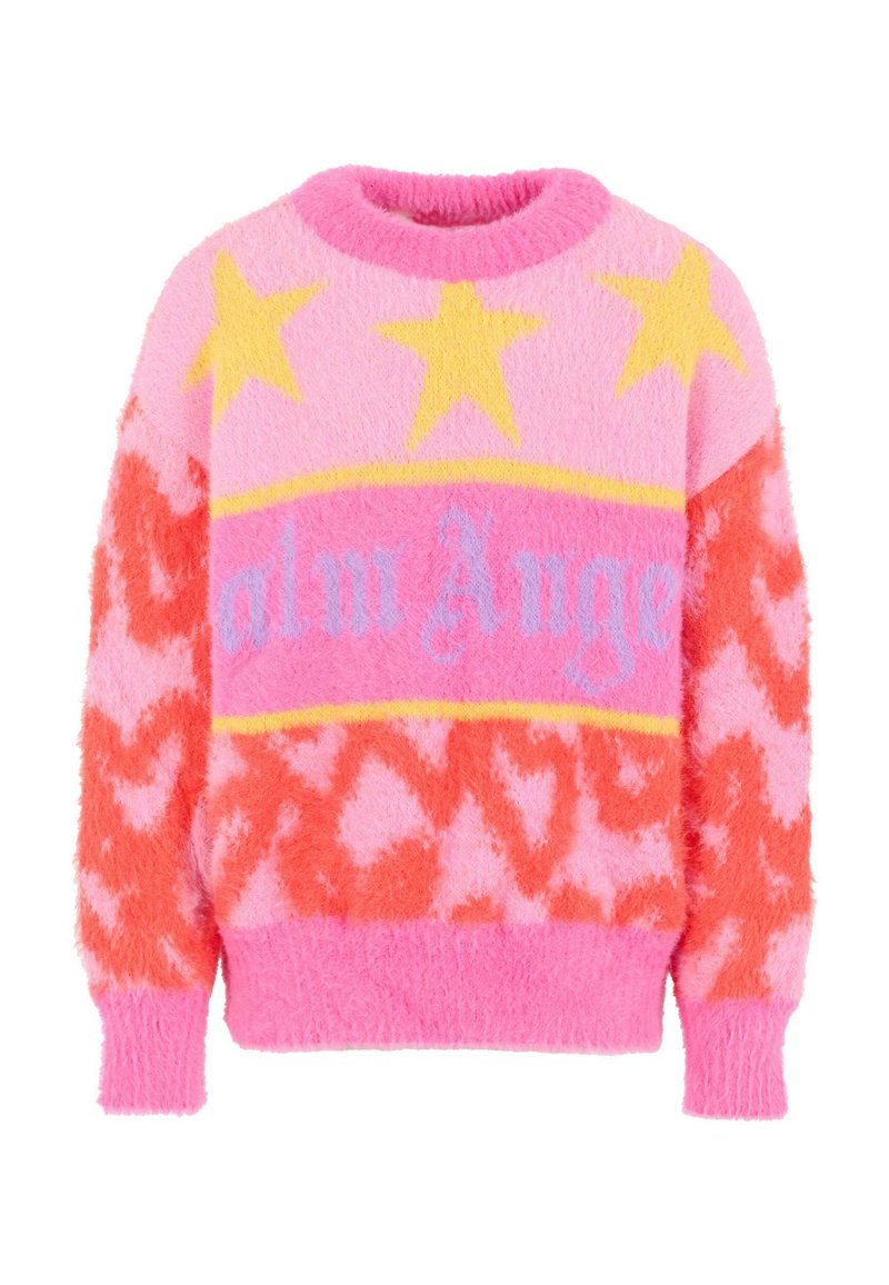 Maglione rosa chiaro con stelle gialle sopra, motivi astratti rossi sulle maniche e nella parte bassa anteriore, e testo "Palm Angels" in lilla chiaro sul petto.