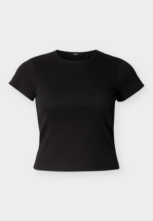 Μαύρο κοντομάνικο t-shirt κατασκευασμένο από ριμπ ύφασμα. Διαθέτει στρογγυλή λαιμόκοψη και εφαρμοστή σιλουέτα. Απλό, μονόχρωμο σχέδιο.