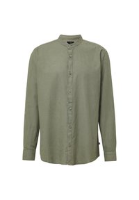 Lichtgroen langetermijnshirt met een opstaande kraag, voorste knoopsluiting en een zachte textuur. Kenmerkt zich door een schoon, minimalistisch ontwerp.