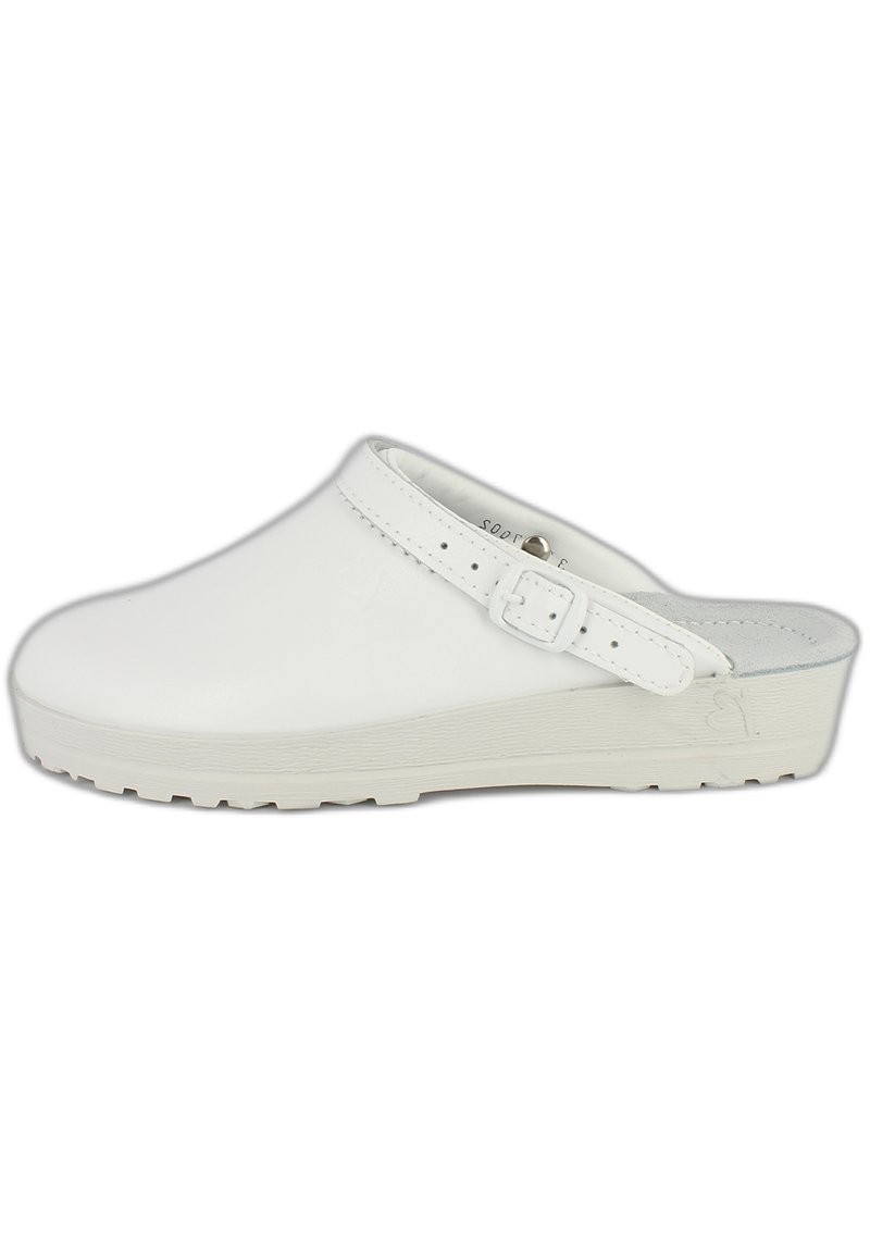 Weiße Clogs aus glattem Material, mit einem gesicherten Riemen und einer strukturierten Sohle für besseren Halt, in runder Form und minimalistischem Design.