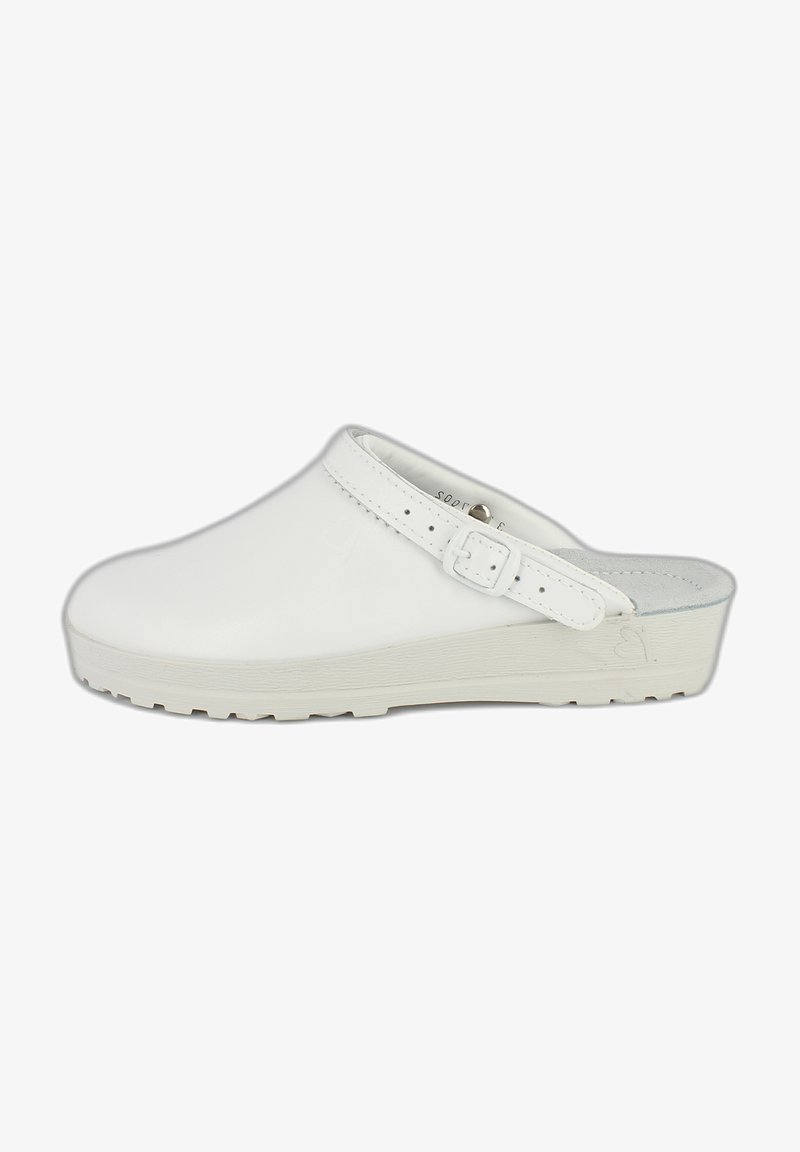 Weiße Clogs aus glattem Material, mit einem gesicherten Riemen und einer strukturierten Sohle für besseren Halt, in runder Form und minimalistischem Design.