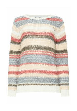 Striktrøje med lange ærmer og vandrette striber i farverne creme, pink, lyseblå og olivengrøn.