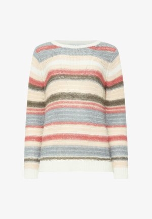 Striktrøje med lange ærmer og vandrette striber i farverne creme, pink, lyseblå og olivengrøn.