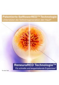 Grafik mit einem kreisförmigen Design und einer lebendigen orangefarbenen Blumenillustration im Inneren, mit Text über patentierte Hautregenerationstechnologien überlagert.