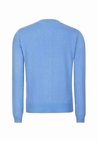 Ljusblå stickad tröja med rund halsringning, långa ärmar och ribbad fåll. Slät textur, jämn färg över hela plagget.