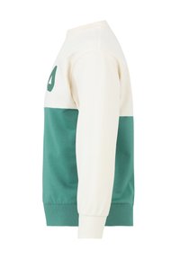 Felpa girocollo con la parte superiore color crema e la parte inferiore color teal. Tessuto morbido con polsini e orlo a costine, dettaglio logo visibile sul davanti.