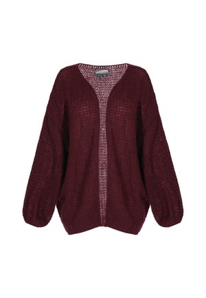 Cardigan in magenta a maglia con vestibilità ampia, maniche larghe e scollo a V. Presenta una texture spessa e un design aperto frontale.