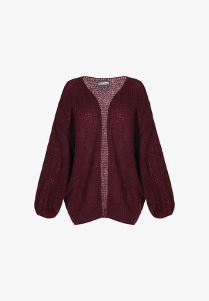 Burgundy kötött kardigán laza fazonnal, széles ujjal és V nyakú kivágással. Tömör textúrával és nyitott elülső kialakítással rendelkezik.