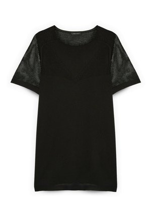 Czarny top z krótkim rękawem z siateczkowego materiału na rękawach i górnej części klatki piersiowej, jednolity dzianinowy korpus i okrągły dekolt.