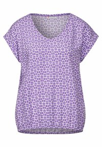 Top corto viola a maniche corte con un motivo geometrico in viola chiaro e bianco, design a V e vestibilità rilassata. Tessuto morbido.