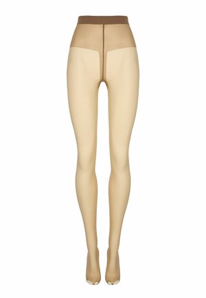 Collants beiges transparents avec une ceinture et des bouts de pied marron foncé renforcés, présentés de face sur fond blanc.