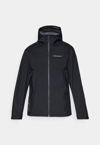 Veste imperméable noire avec capuche, fermeture éclair à l'avant et deux poches latérales. Texture lisse avec un logo sur la poitrine et des poignets ajustables.