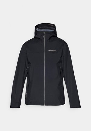 Black waterproof jacket featuring a hood, zip front, and two side pockets. Smooth texture with a logo on the chest and adjustable cuffs.