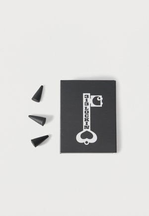 Cutie neagră cu un grafic alb al unei chei, etichetată „313 Lockin”, lângă trei obiecte mici conice negre pe fundal alb.