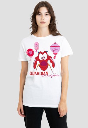 White cotton t-shirt featuring a red dragon illustration and pink lantern graphics. Text reads "GUARDIAN dragon" in red script.