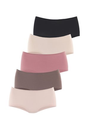 Six pairs of boyshort underwear stacked vertically; colors include black, light pink, dark pink, beige, brown, and a darker beige. Soft fabric.