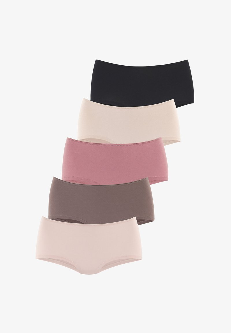 Six pairs of boyshort underwear stacked vertically; colors include black, light pink, dark pink, beige, brown, and a darker beige. Soft fabric.