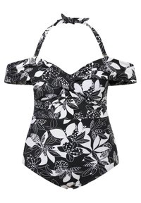 Maillot de bain à motif floral noir et blanc avec design décolleté, bretelle nouée et détails froncés au niveau de la poitrine. Texture de tissu lisse.