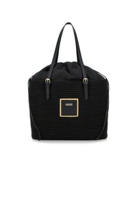 Borsa tote in tessuto nero con superfici texture, manici in pelle, apertura a coulisse e un logo quadrato con accenti dorati sul davanti.