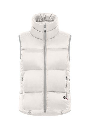 Witte fluffy vest met een hoge kraag, ritssluiting aan de voorkant en zijzakken. Glad textuur met contrasterende grijze bies langs de armopeningen en ritsen.