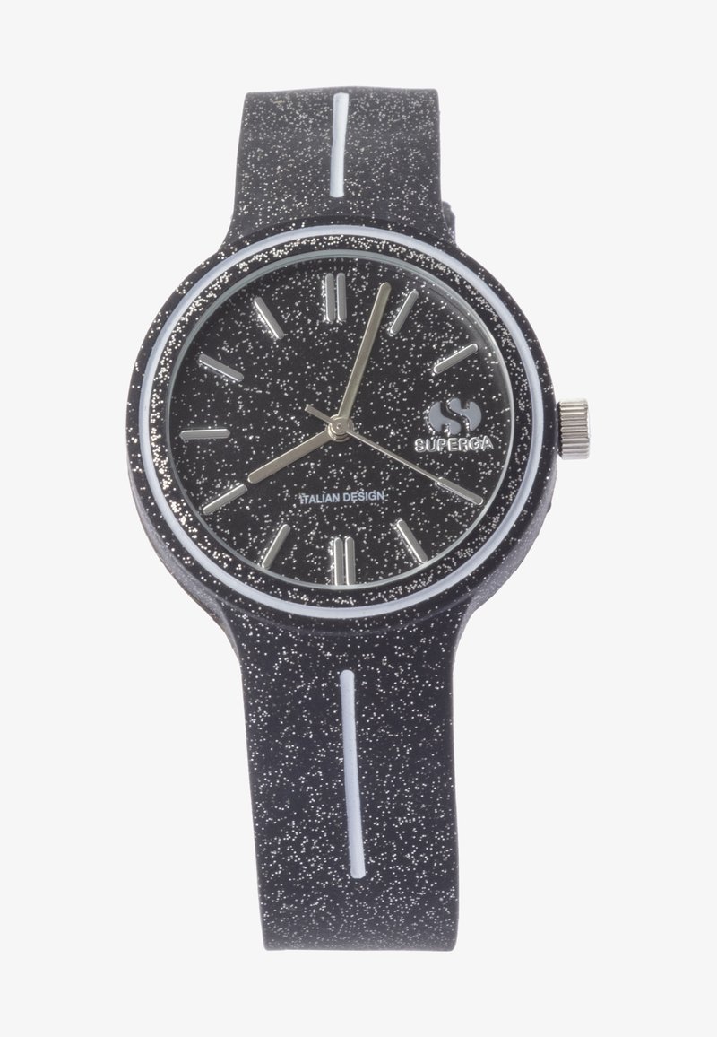 Reloj de pulsera negro con una correa texturada que presenta acentos brillantes. Esfera redonda, marcadores de horas plateados y una corona de acero inoxidable. Diseño italiano.