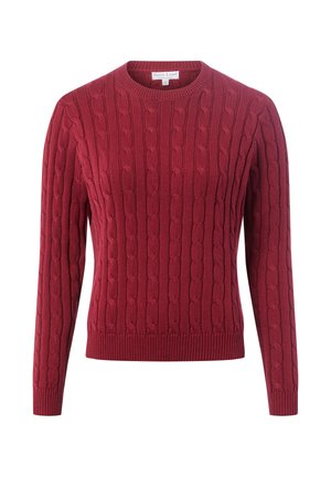 Czerwony sweter z dzianiny z teksturowanym wzorem w warkocze, okrągłym dekoltem i długimi rękawami. Ściągacze przy mankietach i u dołu wykańczają projekt.