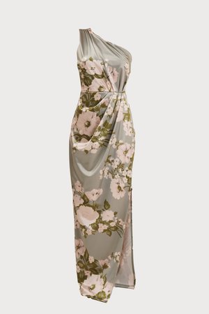 Robe fleurie à une épaule en satin gris doux, avec de grandes fleurs roses et des feuilles vertes, dotée d'un design drapé et d'une fente sur le côté.