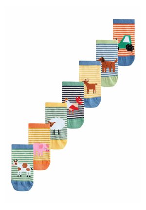 Seven pairs of colorful striped children's socks, each featuring a different farm animal or tractor design.