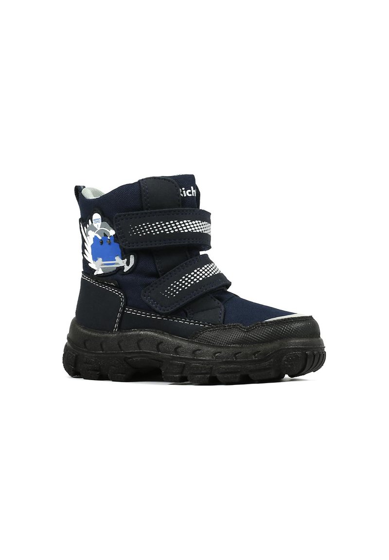 Granatowe dziecięce buty z dwoma regulowanymi paskami na rzepy, gumową podeszwą i ozdobnym wzorem z postacią z kreskówki.