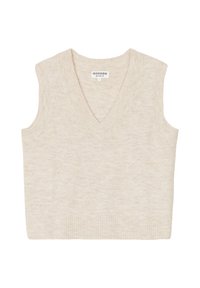 Beige ärmellose Strickweste mit V-Ausschnitt. Weiche Textur, gerippter Saum und dezentes meliertes Muster. Etikett innen am Ausschnitt sichtbar.