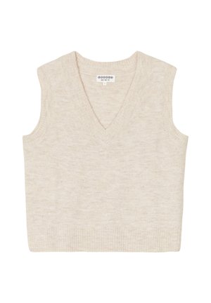 Beige sleeveless knit vest with a V-neck. Soft texture, ribbed hem, and a subtle heathered pattern. Label visible inside neck.