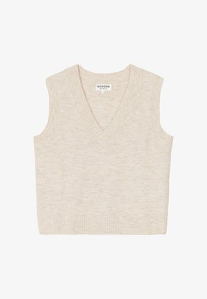 Gilet in maglia senza maniche beige con scollatura a V. Texture morbida, orlo a coste e un sottile motivo melangiato. Etichetta visibile all'interno del collo.
