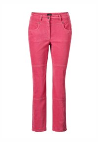 Roze katoenen broek in een blend met een recht gesneden ontwerp, vijf zakken en diagonale naaddetails bij de knieën voor extra textuur.